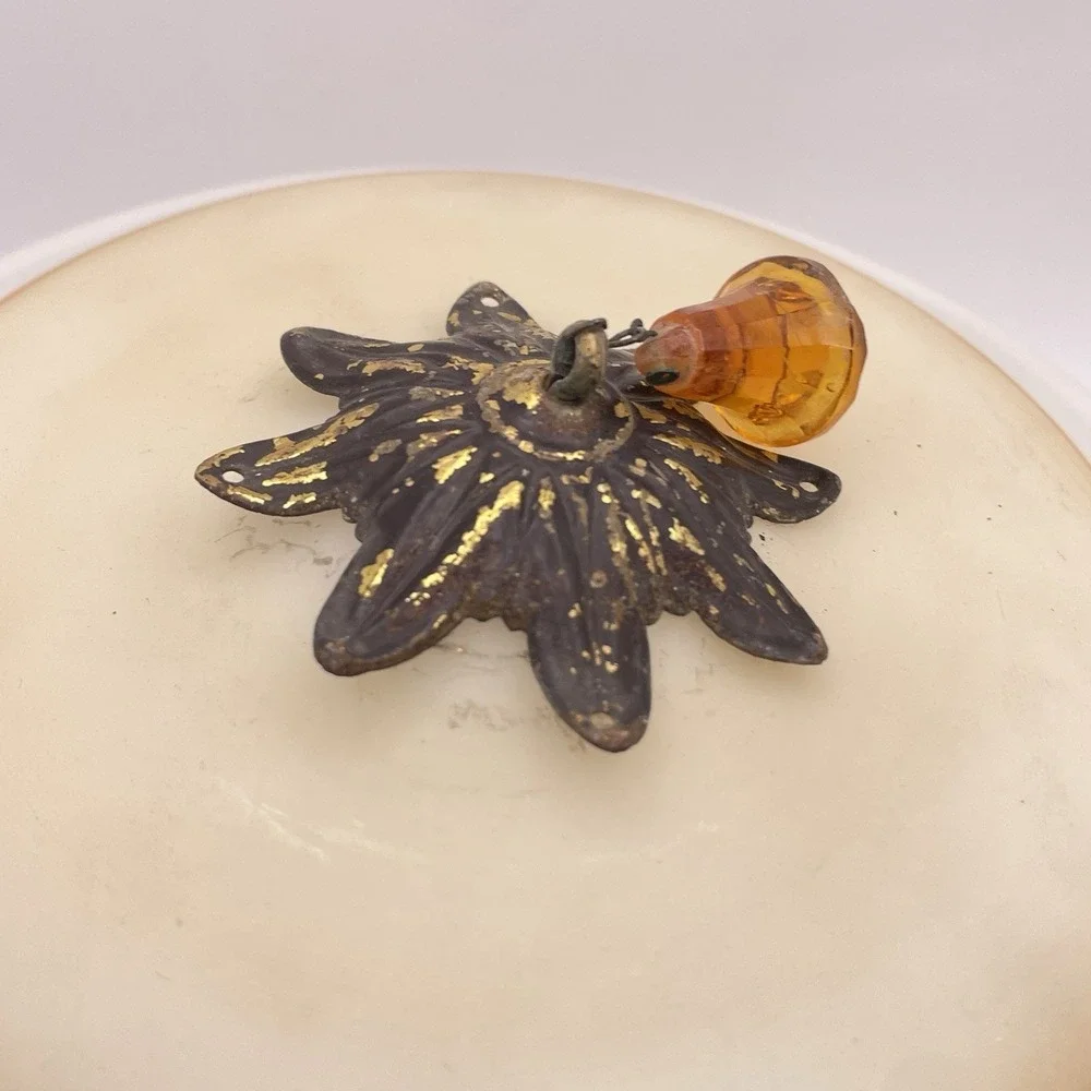 Vtg Satin Glass Hand Painted Rose Floral Ceiling Light Shade Globe‎ Jewel Drop